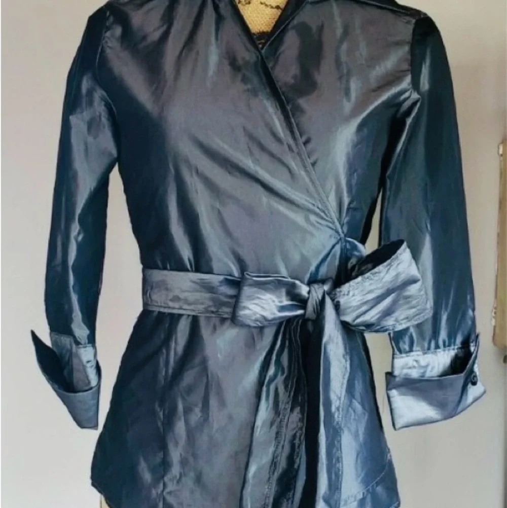 Zara Basic Satin Look Collared Wrap Blouse Black 3/4 Sleeves Bow Tie Waist - Picture 7 of 10